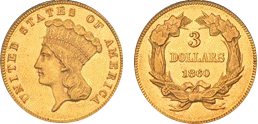 gold three dollars 1854-1889