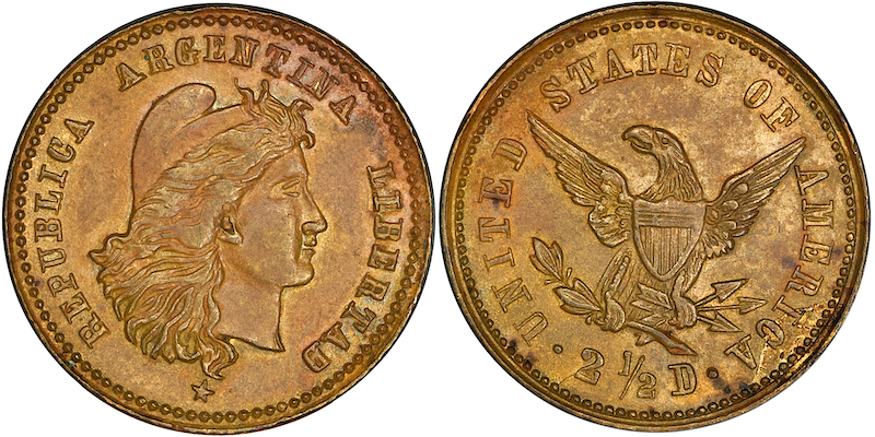  Newest image Republica Argentina Lib. United States 2 12D Brass reeded from US pcgs forum member 30